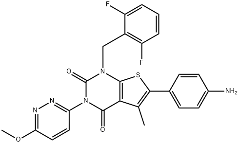 Thieno[2,3-d]pyrimidine-2,4(1H,3H)-dione, 6-(4-aminophenyl)-1-[(2,6-difluorophenyl)methyl]-3-(6-methoxy-3-pyridazinyl)-5-methyl- Struktur