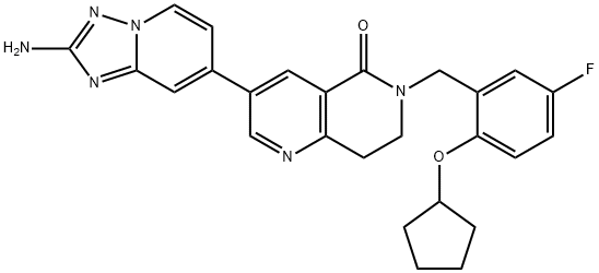 1,6-Naphthyridin-5(6H)-one, 3-(2-amino[1,2,4]triazolo[1,5-a]pyridin-7-yl)-6-[[2-(cyclopentyloxy)-5-fluorophenyl]methyl]-7,8-dihydro- Struktur