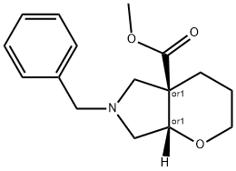 Pyrano[2,3-c]pyrrole-4a(2H)-carboxylic acid, hexahydro-6-(phenylmethyl)-, methyl ester, (4aR,7aS)-rel- Struktur