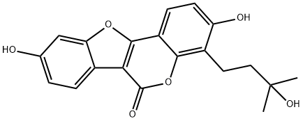 6H-Benzofuro[3,2-c][1]benzopyran-6-one, 3,9-dihydroxy-4-(3-hydroxy-3-methylbutyl)- Struktur