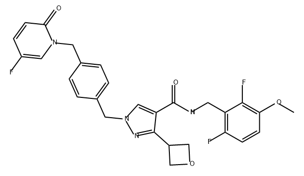 1H-Pyrazole-4-carboxamide, N-[(2,6-difluoro-3-methoxyphenyl)methyl]-1-[[4-[(5-fluoro-2-oxo-1(2H)-pyridinyl)methyl]phenyl]methyl]-3-(3-oxetanyl)- Struktur