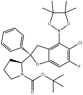 1-Pyrrolidinecarboxylic acid, 2-[(2S)-5-chloro-6-fluoro-2,3-dihydro-2-phenyl-4-(4,4,5,5-tetramethyl-1,3,2-dioxaborolan-2-yl)-2-benzofuranyl]-, 1,1-dimethylethyl ester, (2S)- Structure