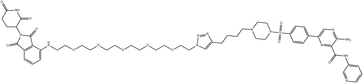 3-Amino-6-[4-[[4-[4-[1-[17-[[2-(2,6-dioxo-3-piperidinyl)-2,3-dihydro-1,3-dioxo-1H-isoindol-4-yl]amino]-3,6,9,12,15-pentaoxaheptadec-1-yl]-1H-1,2,3-triazol-4-yl]butyl]-1-piperazinyl]sulfonyl]phenyl]-N-3-pyridinyl-2-pyrazinecarboxamide Struktur