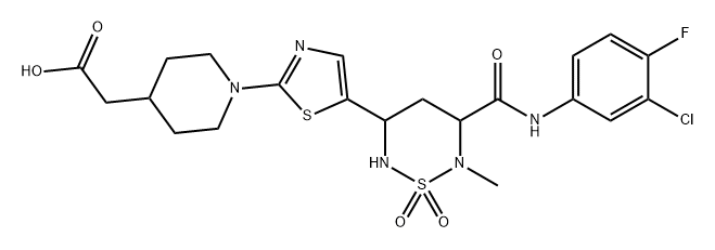 4-Piperidineacetic acid, 1-[5-[5-[[(3-chloro-4-fluorophenyl)amino]carbonyl]tetrahydro-6-methyl-1,1-dioxido-2H-1,2,6-thiadiazin-3-yl]-2-thiazolyl]- Struktur