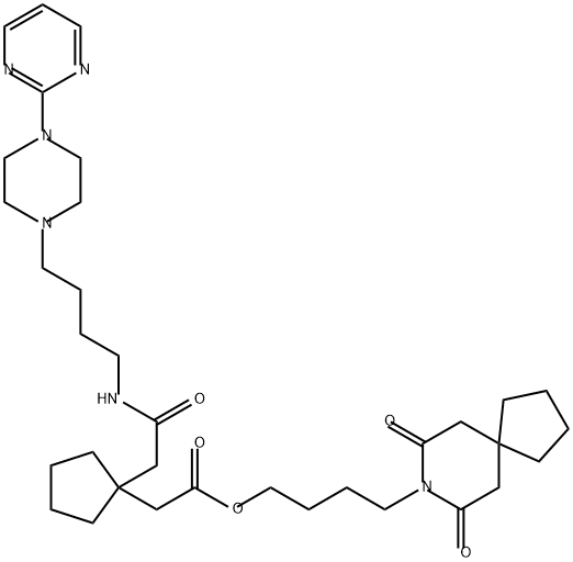 Cyclopentaneacetic acid, 1-[2-oxo-2-[[4-[4-(2-pyrimidinyl)-1-piperazinyl]butyl]amino]ethyl]-, 4-(7,9-dioxo-8-azaspiro[4.5]dec-8-yl)butyl ester Struktur