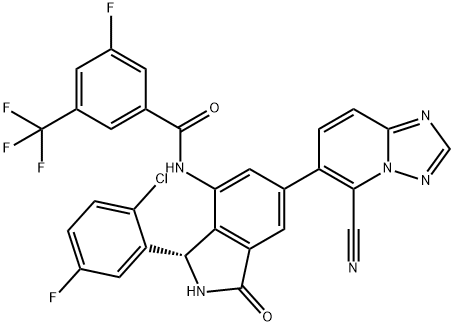 N-[(3S)-3-(2-Chloro-5-fluorophenyl)-6-(5-cyano[1,2,4]triazolo[1,5-a]pyridin-6-yl)-2,3-dihydro-1-oxo-1H-isoindol-4-yl]-3-fluoro-5-(trifluoromethyl)benzamide Struktur