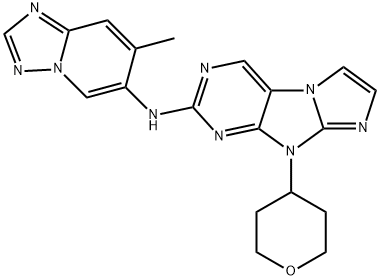 9H-Imidazo[2,1-f]purin-2-amine, N-(7-methyl[1,2,4]triazolo[1,5-a]pyridin-6-yl)-9-(tetrahydro-2H-pyran-4-yl)- Struktur