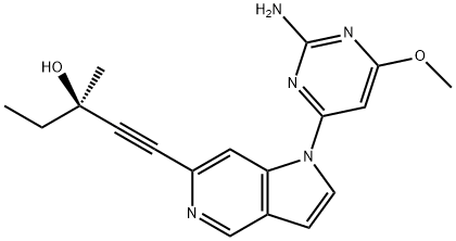 1-Pentyn-3-ol, 1-[1-(2-amino-6-methoxy-4-pyrimidinyl)-1H-pyrrolo[3,2-c]pyridin-6-yl]-3-methyl-, (3R)- Struktur