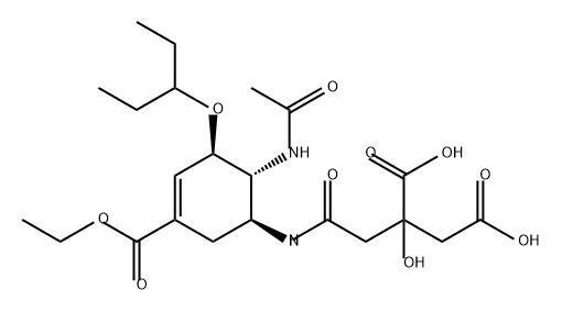 Butanedioic acid, 2-[2-[[(1S,5R,6R)-6-(acetylamino)-3-(ethoxycarbonyl)-5-(1-ethylpropoxy)-3-cyclohexen-1-yl]amino]-2-oxoethyl]-2-hydroxy- Struktur