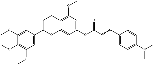 2-Propenoic acid, 3-[4-(dimethylamino)phenyl]-, 3,4-dihydro-5-methoxy-2-(3,4,5-trimethoxyphenyl)-2H-1-benzopyran-7-yl ester Struktur