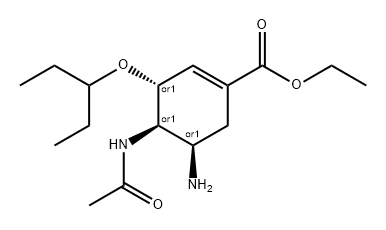 1-Cyclohexene-1-carboxylic acid, 4-(acetylamino)-5-amino-3-(1-ethylpropoxy)-, ethyl ester, (3R,4R,5R)-rel- Struktur