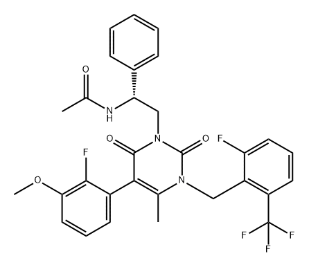 Acetamide, N-[(1R)-2-[5-(2-fluoro-3-methoxyphenyl)-3-[[2-fluoro-6-(trifluoromethyl)phenyl]methyl]-3,6-dihydro-4-methyl-2,6-dioxo-1(2H)-pyrimidinyl]-1-phenylethyl]- Struktur