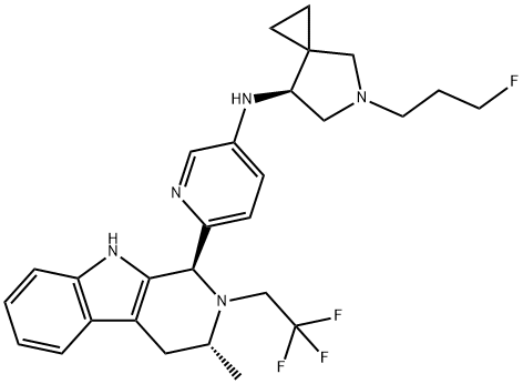 5-Azaspiro[2.4]heptan-7-amine, 5-(3-fluoropropyl)-N-[6-[(1S,3R)-2,3,4,9-tetrahydro-3-methyl-2-(2,2,2-trifluoroethyl)-1H-pyrido[3,4-b]indol-1-yl]-3-pyridinyl]-, (7S)- Struktur