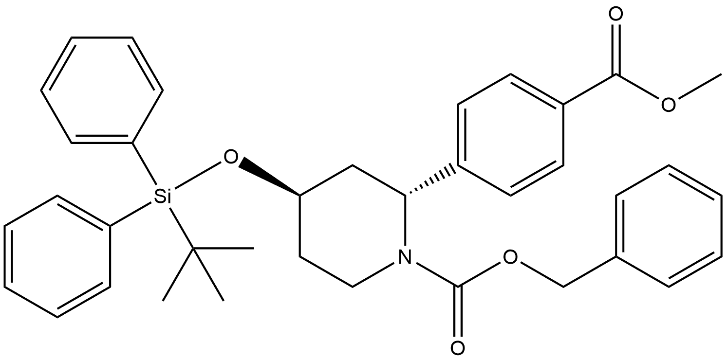 benzyl trans-4-[tert-butyl(diphenyl)silyl]oxy-2-(4-methoxycarbonylphenyl)piperidine-1-carboxylate Struktur