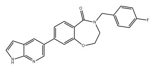 1,4-Benzoxazepin-5(2H)-one, 4-[(4-fluorophenyl)methyl]-3,4-dihydro-8-(1H-pyrrolo[2,3-b]pyridin-5-yl)- Struktur