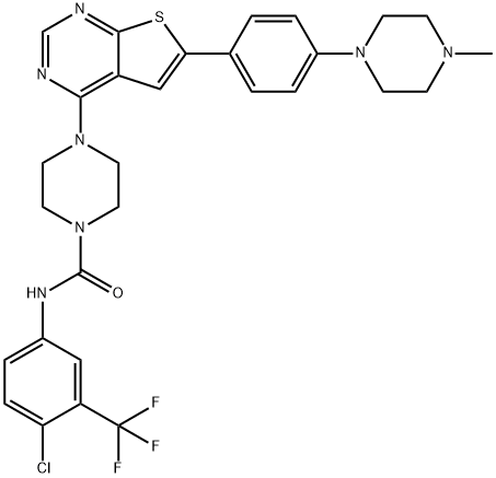 1-Piperazinecarboxamide, N-[4-chloro-3-(trifluoromethyl)phenyl]-4-[6-[4-(4-methyl-1-piperazinyl)phenyl]thieno[2,3-d]pyrimidin-4-yl]- Struktur