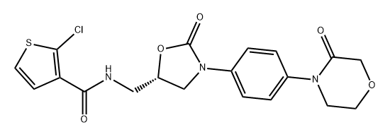 3-Thiophenecarboxamide, 2-chloro-N-[[(5S)-2-oxo-3-[4-(3-oxo-4-morpholinyl)phenyl]-5-oxazolidinyl]methyl]- Struktur