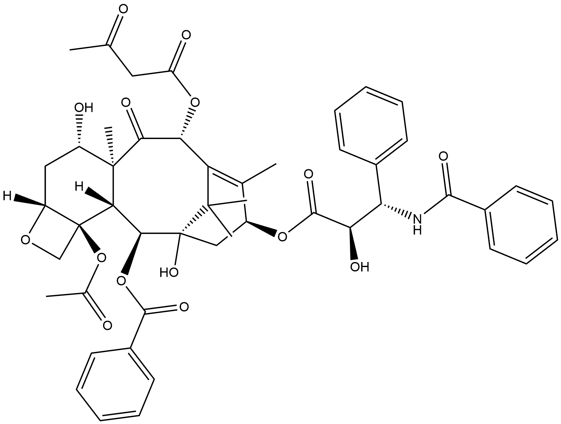 Benzenepropanoic acid, β-(benzoylamino)-α-hydroxy-, (2aR,4S,4aS,6R,9S,11S,12S,12aR,12bS)-12b-(acetyloxy)-12-(benzoyloxy)-6-(1,3-dioxobutoxy)-2a,3,4,4a,5,6,9,10,11,12,12a,12b-dodecahydro-4,11-dihydroxy-4a,8,13,13-tetramethyl-5-oxo-7,11-methano-1H-cyclodeca[3,4]benz[1,2-b]oxet-9-yl ester, (αR,βS)- Struktur