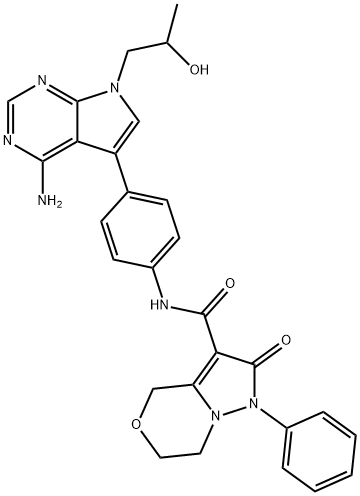 1H-Pyrazolo[5,1-c][1,4]oxazine-3-carboxamide, N-[4-[4-amino-7-(2-hydroxypropyl)-7H-pyrrolo[2,3-d]pyrimidin-5-yl]phenyl]-2,4,6,7-tetrahydro-2-oxo-1-phenyl- Struktur