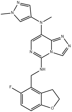 1,2,4-Triazolo[4,3-c]pyrimidine-5,8-diamine, N5-[(5-fluoro-2,3-dihydro-4-benzofuranyl)methyl]-N8-methyl-N8-(1-methyl-1H-pyrazol-4-yl)- Struktur