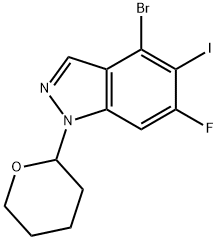 1H-Indazole, 4-bromo-6-fluoro-5-iodo-1-(tetrahydro-2H-pyran-2-yl)- Struktur