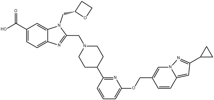 1H-Benzimidazole-6-carboxylic acid, 2-[[4-[6-[(2-cyclopropylpyrazolo[1,5-a]pyridin-6-yl)methoxy]-2-pyridinyl]-1-piperidinyl]methyl]-1-[(2S)-2-oxetanylmethyl]- Struktur