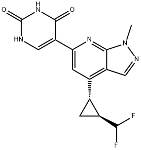 2,4(1H,3H)-Pyrimidinedione, 5-[4-[(1S,2S)-2-(difluoromethyl)cyclopropyl]-1-methyl-1H-pyrazolo[3,4-b]pyridin-6-yl]- Struktur