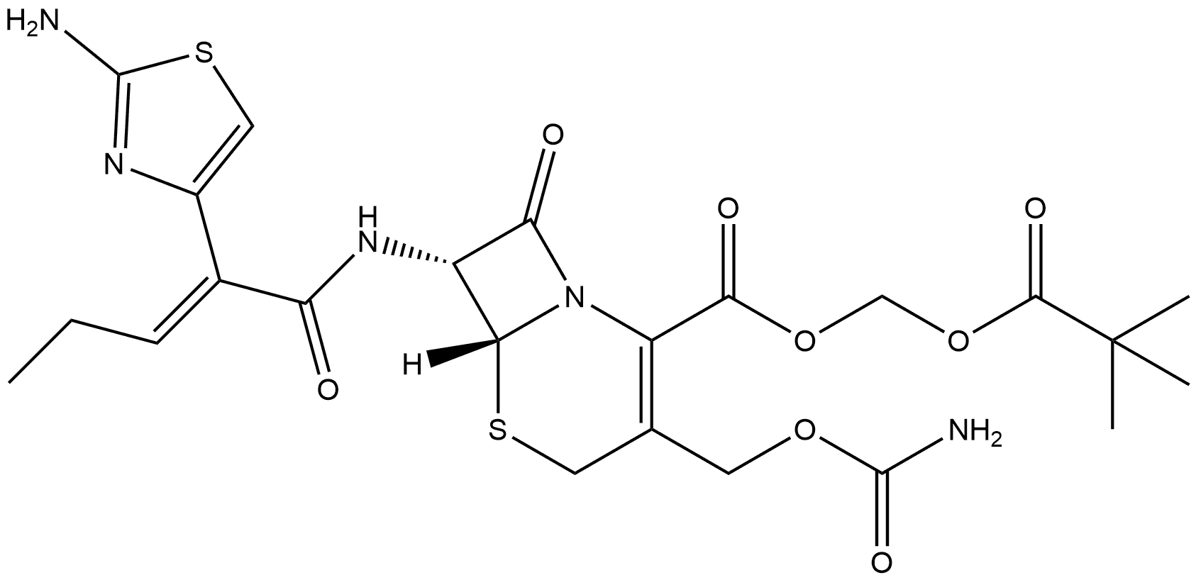 (2,2-Dimethyl-1-oxopropoxy)methyl (6R,7R)-3-[[(aminocarbonyl)oxy]methyl]-7-[[(2E)-2-(2-amino-4-thiazolyl)-1-oxo-2-penten-1-yl]amino]-8-oxo-5-thia-1-azabicyclo[4.2.0]oct-2-ene-2-carboxylate Struktur