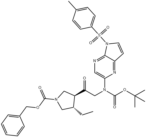 Phenylmethyl (3S,4S)-3-[2-[[(1,1-dimethylethoxy)carbonyl][5-[(4-methylphenyl)sulfonyl]-5H-pyrrolo[2,3-b]pyrazin-2-yl]amino]acetyl]-4-ethyl-1-pyrrolidinecarboxylate Struktur