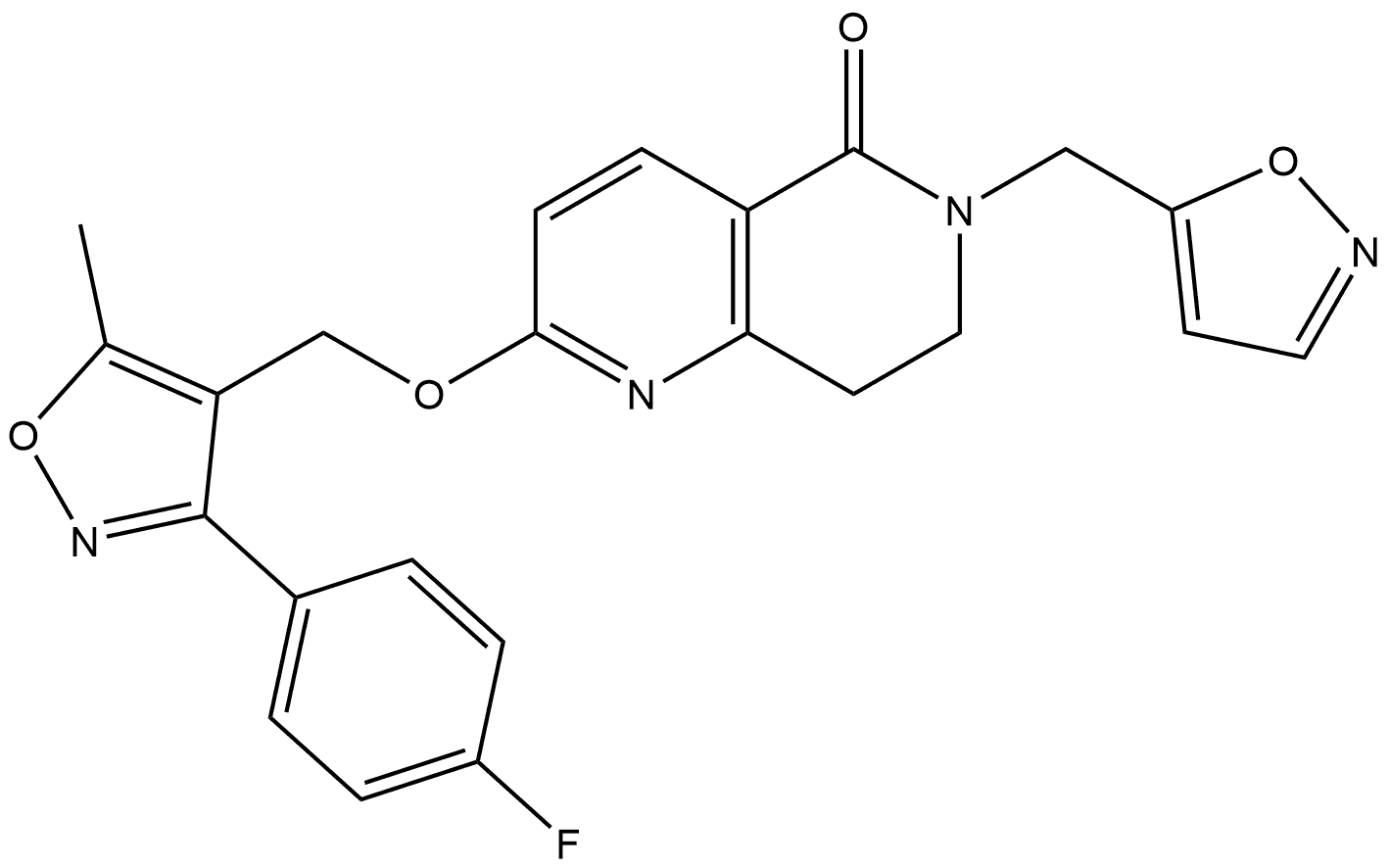 2-((3-(4-fluorophenyl)-5-methylisoxazol-4-yl)methoxy)-6-(isoxazol-5-ylmethyl)-7,8-dihydro-1,6-naphthyridin-5(6H)-one Struktur