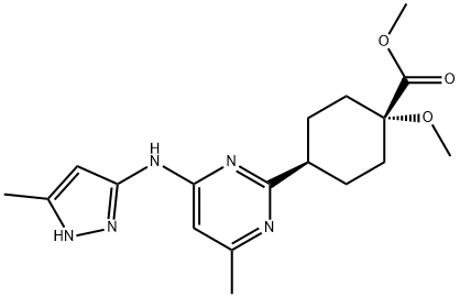 Cyclohexanecarboxylic acid, 1-methoxy-4-[4-methyl-6-[(5-methyl-1H-pyrazol-3-yl)amino]-2-pyrimidinyl]-, methyl ester, cis- Struktur