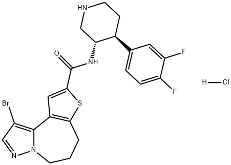 5H-Pyrazolo[1,5-a]thieno[3,2-c]azepine-9-carboxamide, 1-bromo-N-[(3S,4S)-4-(3,4-difluorophenyl)-3-piperidinyl]-6,7-dihydro-, hydrochloride (1:1) Struktur