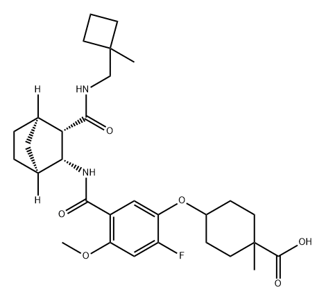 Cyclohexanecarboxylic acid, 4-[2-fluoro-4-methoxy-5-[[[(1S,2R,3S,4R)-3-[[[(1-methylcyclobutyl)methyl]amino]carbonyl]bicyclo[2.2.1]hept-2-yl]amino]carbonyl]phenoxy]-1-methyl-, cis- Struktur