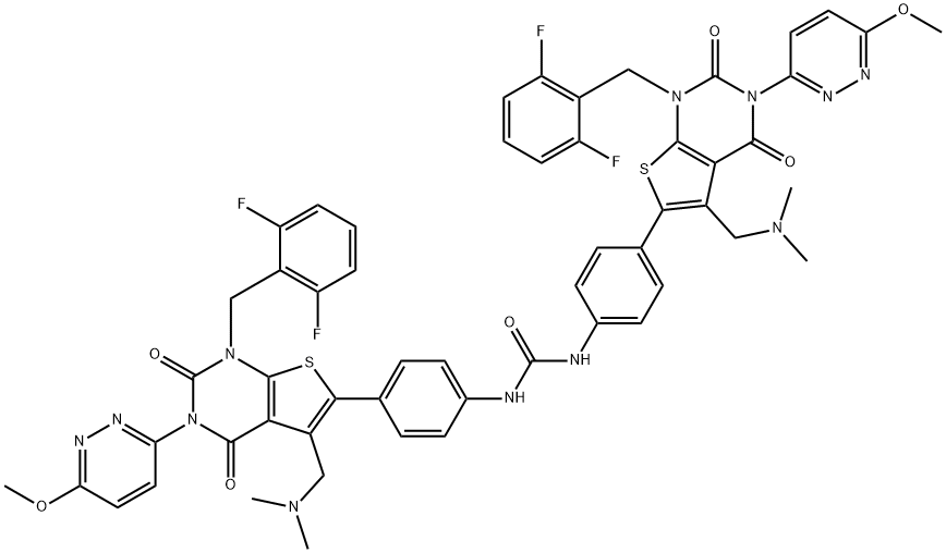 Urea, N,N'-bis[4-[1-[(2,6-difluorophenyl)methyl]-5-[(dimethylamino)methyl]-1,2,3,4-tetrahydro-3-(6-methoxy-3-pyridazinyl)-2,4-dioxothieno[2,3-d]pyrimidin-6-yl]phenyl]- Struktur