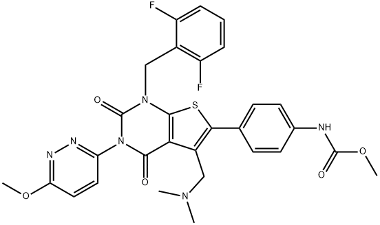 Carbamic acid, N-[4-[1-[(2,6-difluorophenyl)methyl]-5-[(dimethylamino)methyl]-1,2,3,4-tetrahydro-3-(6-methoxy-3-pyridazinyl)-2,4-dioxothieno[2,3-d]pyrimidin-6-yl]phenyl]-, methyl ester Struktur