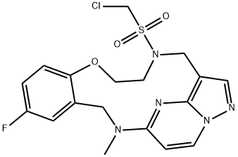 5-[(Chloromethyl)sulfonyl]-11-fluoro-4,5,6,7,13,14-hexahydro-14-methyl-1,15-etheno-1H-pyrazolo[4,3-f][1,4,8,10]benzoxatriazacyclotridecine Struktur