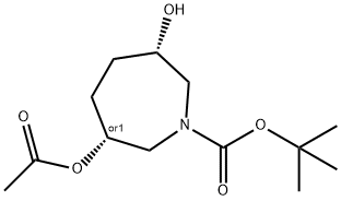 rel-1,1-Dimethylethyl (3R,6S)-3-(acetyloxy)hexahydro-6-hydroxy-1H-azepine-1-carboxylate Struktur