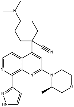 Cyclohexanecarbonitrile, 4-(dimethylamino)-1-[2-[(3R)-3-methyl-4-morpholinyl]-8-(1H-pyrazol-3-yl)-1,7-naphthyridin-4-yl]- Structure