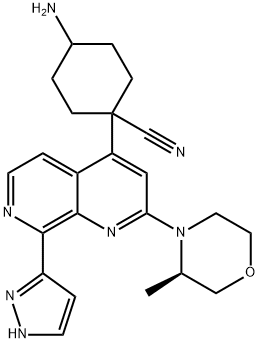 Cyclohexanecarbonitrile, 4-amino-1-[2-[(3R)-3-methyl-4-morpholinyl]-8-(1H-pyrazol-3-yl)-1,7-naphthyridin-4-yl]- Struktur