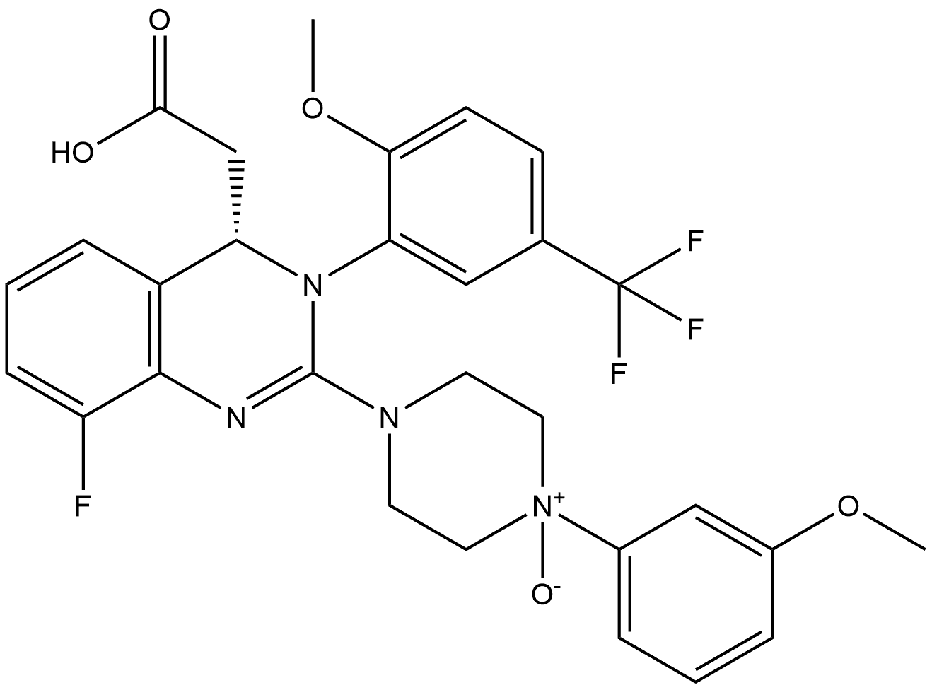 4-Quinazolineacetic acid, 8-fluoro-3,4-dihydro-2-[4-(3-methoxyphenyl)-4-oxido-1-piperazinyl]-3-[2-methoxy-5-(trifluoromethyl)phenyl]-, (4S)- Struktur