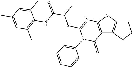 2-[(1-oxo-2-phenyl-7,8-dihydro-6H-cyclopenta[2,3]thieno[2,4-b]pyrimidin-3-yl)sulfanyl]-N-(2,4,6-trimethylphenyl)propanamide Struktur