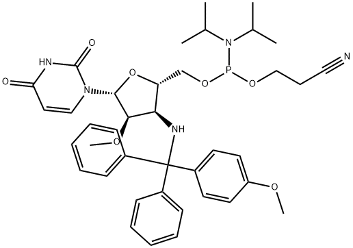 Uridine, 3'-?deoxy-?3'-?[[(4-?methoxyphenyl)?diphenylmethyl]?amino]?-?2'-?O-?methyl-?, 5'-?[2-?cyanoethyl bis(1-?methylethyl)?phosphoramidite] (9CI) Struktur