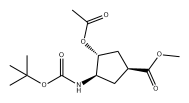 Cyclopentanecarboxylic acid, 3-(acetyloxy)-4-[[(1,1-dimethylethoxy)carbonyl]amino]-, methyl ester, (1S,3R,4R)- Struktur