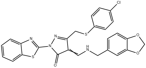 3H-Pyrazol-3-one, 4-[[(1,3-benzodioxol-5-ylmethyl)amino]methylene]-2-(2-benzothiazolyl)-5-[[(4-chlorophenyl)thio]methyl]-2,4-dihydro- Struktur