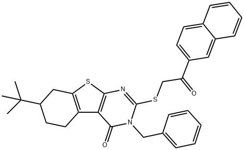 3-benzyl-7-tert-butyl-2-(2-naphthalen-2-yl-2-oxoethyl)sulfanyl-5,6,7,8-tetrahydro-[1]benzothiolo[2,3-d]pyrimidin-4-one Struktur