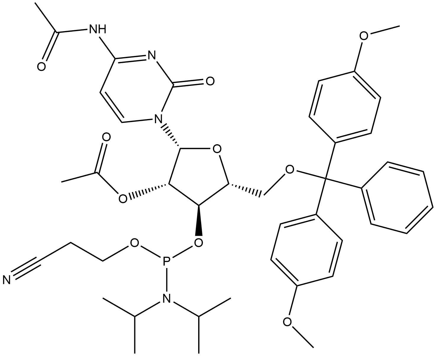 N-[1-[2-O-Acetyl-5-O-[bis(4-methoxyphenyl)phenylmethyl]-3-O-[[bis(1-methylethyl)amino](2-cyanoethoxy)phosphino]-β-D-arabinofuranosyl]-1,2-dihydro-2-oxo-4-pyrimidinyl]acetamide Struktur