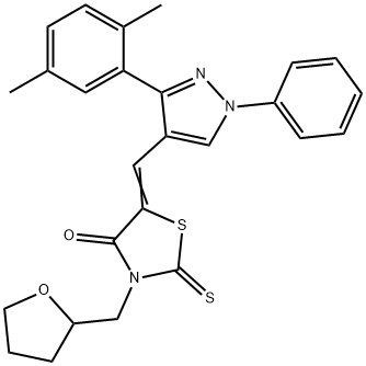 (5Z)-5-[[3-(2,5-dimethylphenyl)-1-phenylpyrazol-4-yl]methylidene]-3-(oxolan-2-ylmethyl)-2-sulfanylidene-1,3-thiazolidin-4-one Struktur