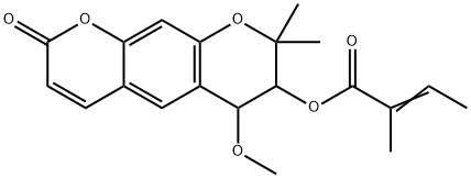 2-Methyl-2-butenoic acid [7,8-dihydro-6-methoxy-8,8-dimethyl-2-oxo-2H,6H-benzo[1,2-b:5,4-b']dipyran-7-yl] ester Struktur