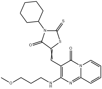 (5Z)-3-cyclohexyl-5-[[2-(3-methoxypropylamino)-4-oxopyrido[1,2-a]pyrimidin-3-yl]methylidene]-2-sulfanylidene-1,3-thiazolidin-4-one Struktur