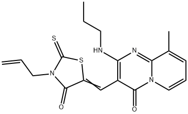 (5Z)-5-[[9-methyl-4-oxo-2-(propylamino)pyrido[1,2-a]pyrimidin-3-yl]methylidene]-3-prop-2-enyl-2-sulfanylidene-1,3-thiazolidin-4-one Struktur